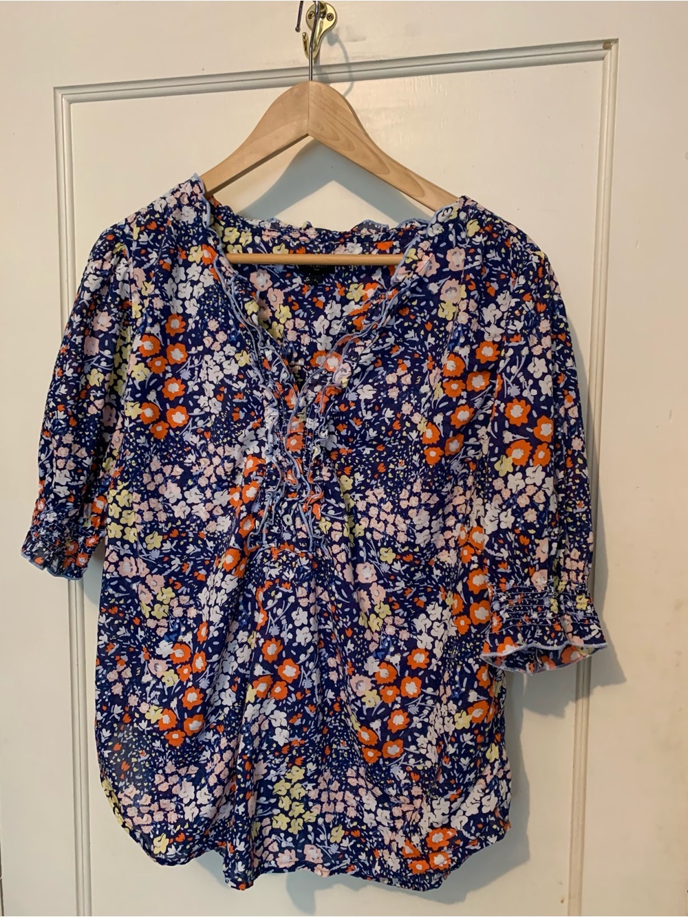 Talbots Navy Floral Ruffle Top - Picture 1 of 4